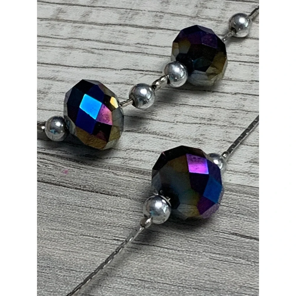 Iridescent Multi Strand Layered Necklace Silver Tone Oil Slick Faceted Beads 20